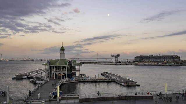 Yokohama Purarisambashi Pier timelapse from dusk to night.