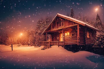 forest winter cabin in snow and lights from inside 3d illustration with copy space