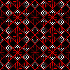 Rhombus geometric pattern. Simple abstract square background illustration. Red line pattern. White dots on black background. Black background image. Vector illustration.  wrapping paper, wallpaper.