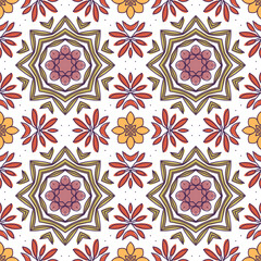 Floral mosaic pattern - hand drawn colorful geometric flower illustrations seamless pattern design on light background - 543856758