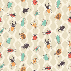 Retro bugs and beetles seamless pattern - vintage repeat print design with insects - 543856901