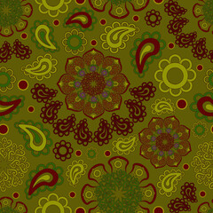 Seamless floral pattern, hand drawn, vector. Ornamental, fashionable, colourful pattern, green, red, yellow colours.