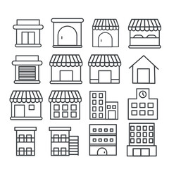 A set of building icons. Isolated modern outline on white background for retail, grocery, restaurant, and houses