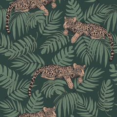 Leopard in the jungle. Seamless pattern of tropical leaves and leopards. A modern bright illustration in trendy colors.