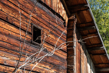 Closeup of the facade of a typical Alpine hut, the Dolomite Alps in South Tirol