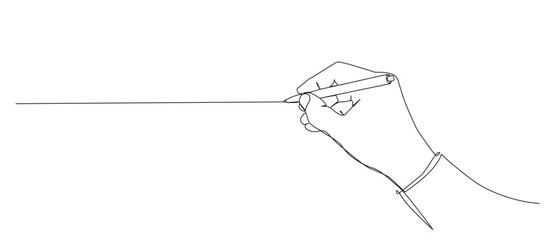 continuous single line drawing of hand holding pen, line art vector illustration