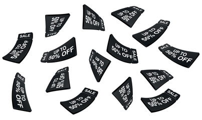 Black flying 50% discount voucher for promotions, social networks, online advertising. Big sale gift coupon for purchase.