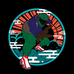 biker illustration with japanese style for kaijune event, notebook, logo
