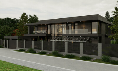 Fototapeta na wymiar Modern house with large panoramic windows. Exterior. Brick facade of the house. Flat roof.