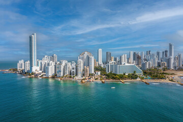 The modern skyscrapers in the Cartagena in Colombia aerial panorama summer sky clouds view