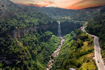 Waterfall near Andes mountain road Bogota Colombia Aerial View Beautiful epic clouds sky