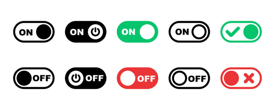 Switch toggle buttons. On and Off toggle switch icon with red and