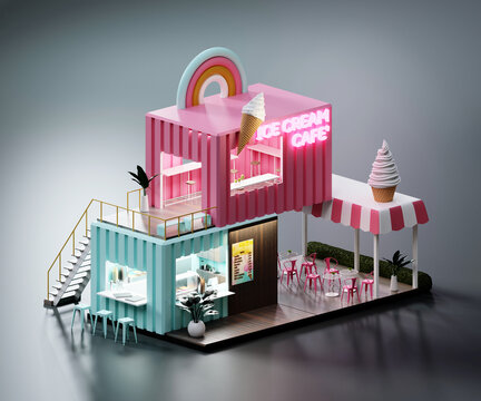 Isometric view minimal Ice cream cafe restaurant container store exterior architecture, 3d rendering digital art.