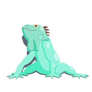 Green iguana cartoon character sitting on white background, vector isolated.