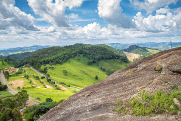 View of Pedra Bela(beautiful stone) climbing site and mega zip line, with the catholic shrine on top, located in the city of Pedra Bela, state of São Paulo, Brazil