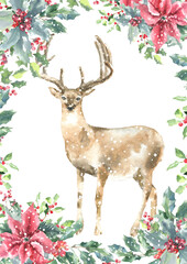 Watercolor deer,stag, reindeer, blue tit, greeting card illustration. Evergreen, fir, pine, spruce, poinsettia,holly berry. Merry Christmas, New year printable card,poster, flyer, design print,vintage