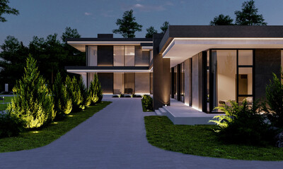 Large residence with panoramic windows. Evening illumination of the facade of the house. 3D visualization. House in a modern style with a flat roof.