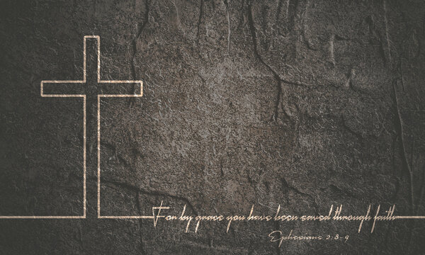 Christianity concept illustration. Cross and for by grace you have been saved throught faith phrase. Thin line style