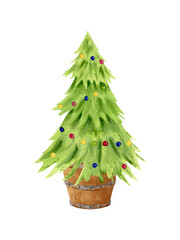 Illustration of a Christmas . Symbol of Christmas. Watercolor Christmas Tree in Wooden Bucket Isolated on White Background. Clipart.
