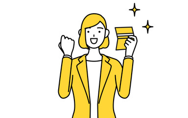 預金通帳を見て喜ぶスーツ姿の女性のシンプルな線画イラスト