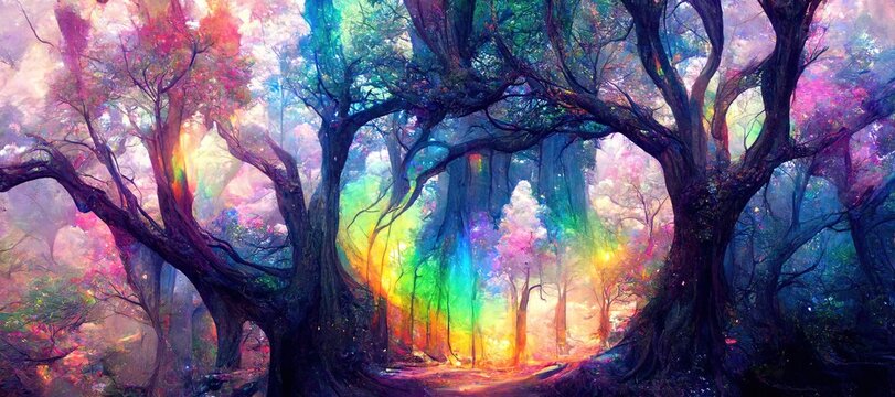 Fantasy forest with rainbow. fantasy scenery. 