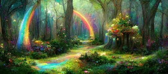 Fantasy forest with rainbow. fantasy scenery.  - obrazy, fototapety, plakaty
