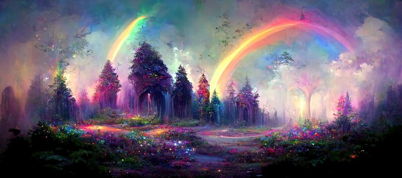 Fantasy forest with rainbow. fantasy scenery. 