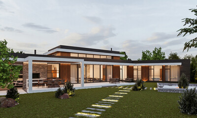 House in modern style. Exterior. Wooden facade of the house. 3D visualization. House with a flat roof.