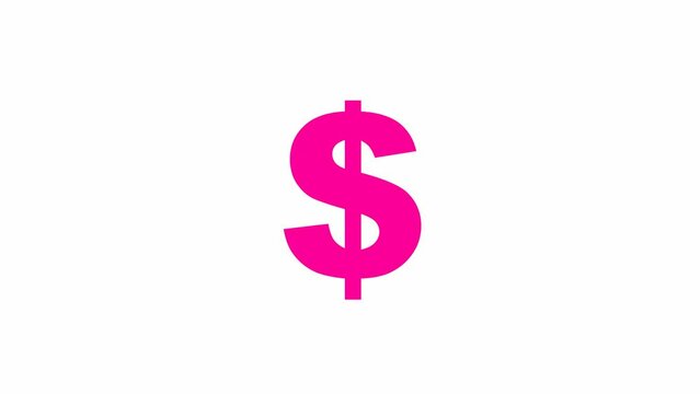 Animated pink icon of dollar. Radiance from rays around symbol. Concept of business, money. Flat vector illustration isolated on the white background.