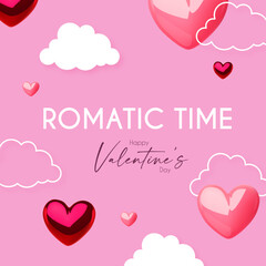 Happy Valentine's day design template with 3D glossy hearts flying in clous.