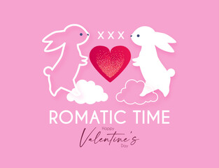 Happy Valentine's day congratulation card template with cute rabbits in love. Expression of tender feelings.