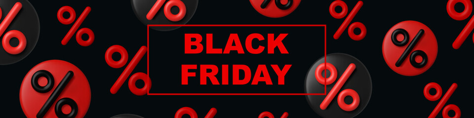 Horizontal black Friday sale banner. 3D background with percent black and red