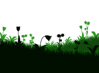 Blooming summer meadow. Dense grass and wildflowers. Rural landscape. Fun cartoon style. Isolated on white background. Vector