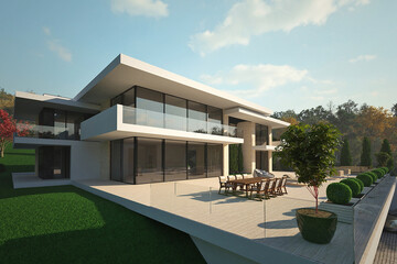 Fototapeta premium Modern villa in relief. Panoramic windows, large terrace. Flat roof. Villa exterior