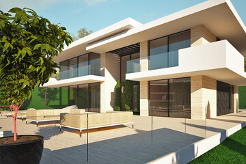 Modern villa in relief. Panoramic windows, large terrace. Flat roof. Villa exterior