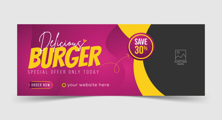 Food menu and delicious burger Facebook cover social media photo banner template design premium vector