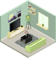 The elegant living room is fashionable and modern. Vector illustration in isometry, room interior