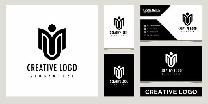 initials monogram MU letter with people icon logo design template with business card design