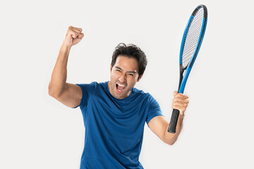 Happy male tennis player rejoicing at success.