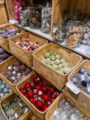 Christmas tree ornaments in interior store.