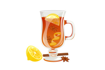 Grog with lemon slices, cinnamon, star anise. Hot winter cocktail in a glass glass, Christmas drink. Vector illustration.