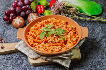 Kimchibokkeumbap, Korean Kimchi Fried Rice : Rice fried with finely chopped kimchi. Beef, pork, onions, green onions, and other vegetables may be added according to taste.