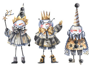 New Year, Christmas snowmen in carnival costumes watercolor illustration isolated on white background. Snowman wizard, snowman king and snowman jester.