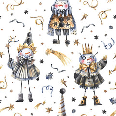 Christmas, New Year seamless pattern with snowmen in carnival costumes, stars, gold sequins and ribbons. Magical, festive background with cute snowman characters. Watercolor illustration 
