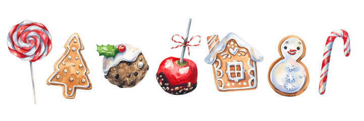 Watercolor illustration of Christmas, New Year sweets in cartoon style. Cookies, gingerbread, caramelized apple, lollipops are traditional Christmas desserts.
