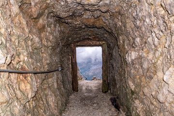 A tunnel in Mount Lagazuoi, part of a defense system in the First World War at the Dolomite Alps, South Tirol