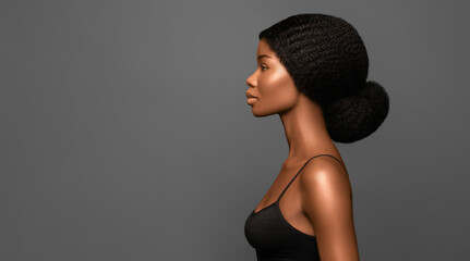 Young beautiful African American model with bun hair profile portrait against grey background.