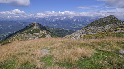 Fototapeta na wymiar View of Gasselhohe mountain as seen from Rippetegg mountain, Rieteralm, Schladming, Styria, Austria
