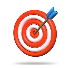 Arrow hit the center of target isolated on white background. Business target achievement concept.3d render illustration