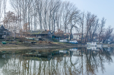 Obraz premium Panoramic view of the swamp covered with morning autumn fog. Swampy misty landscape.